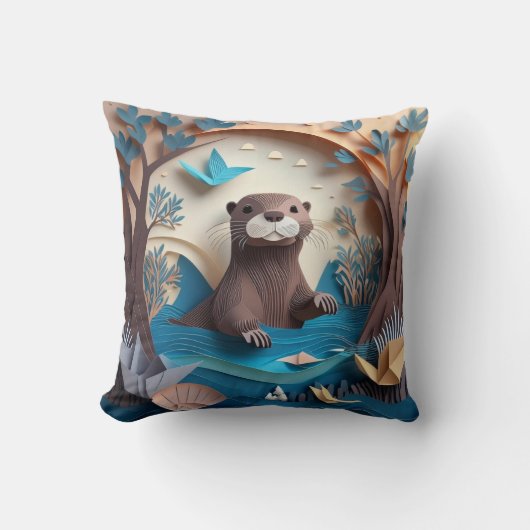 Paper Art Origami Otter in Water 3D Kussen (Voorkant)