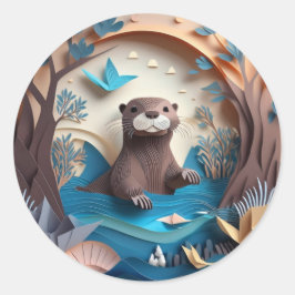 Paper Art Origami Otter in Water 3D Ronde Sticker