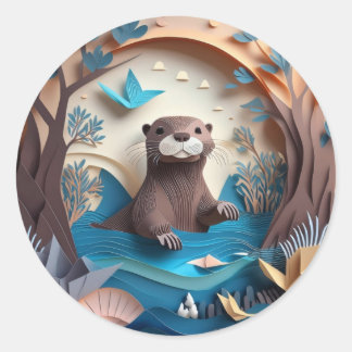 Paper Art Origami Otter in Water 3D Ronde Sticker