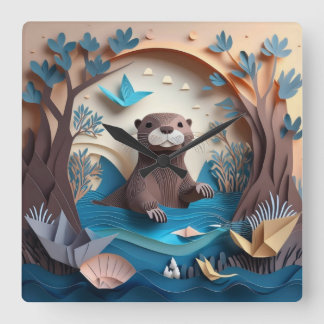 Paper Art Origami Otter in Water 3D Vierkante Klok