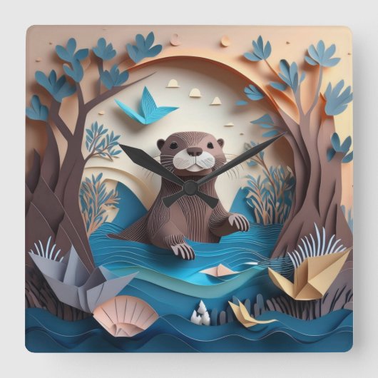 Paper Art Origami Otter in Water 3D Vierkante Klok (Voorkant)