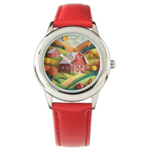 Paper Art Origami Style Boerderij Scene Horloge