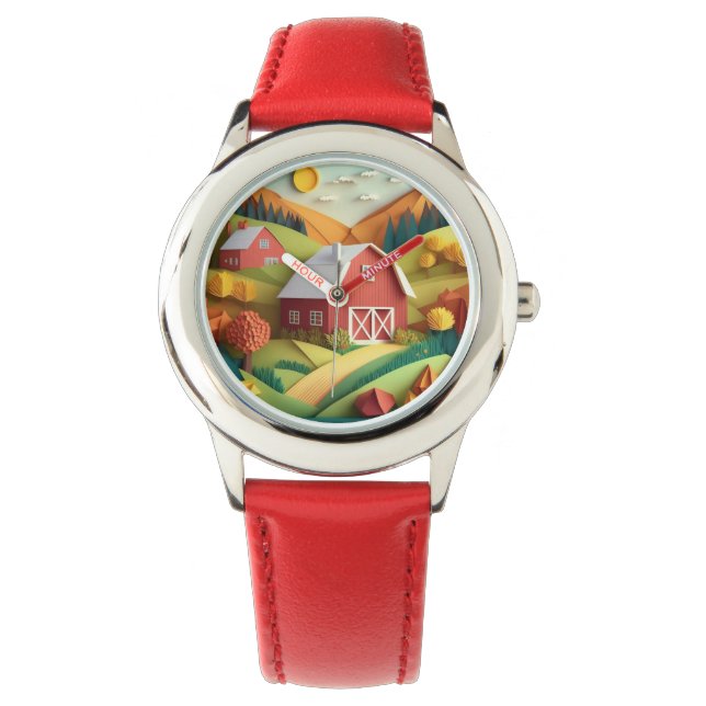 Paper Art Origami Style Boerderij Scene Horloge (Voorkant)