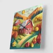 Paper Art Origami Style Boerderij Scene Vierkante Klok (Hoek)