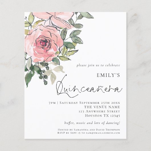 PAPER Blush Pink Florals Quinceañera Invite Flyer (Voorkant)