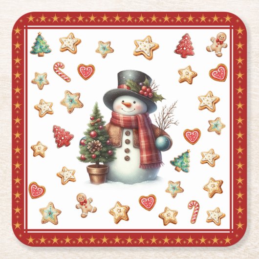 Paper Coaster Snowman and Christmas Cookies Red Kartonnen Onderzetters (Voorkant)