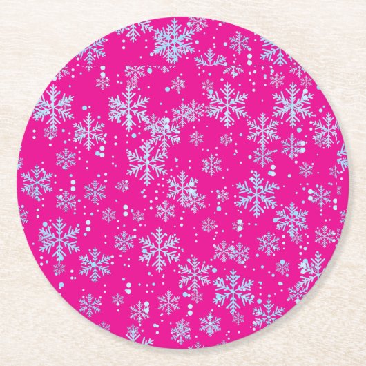 Paper Coasters, Bright Fuchsia Snowflakes Ronde Kartonnen Onderzetter (Voorkant)