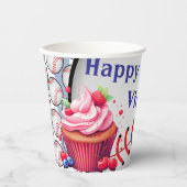 Paper Cup Blue White Stripe Birthday Baseball Papieren Bekers (Voorkant)