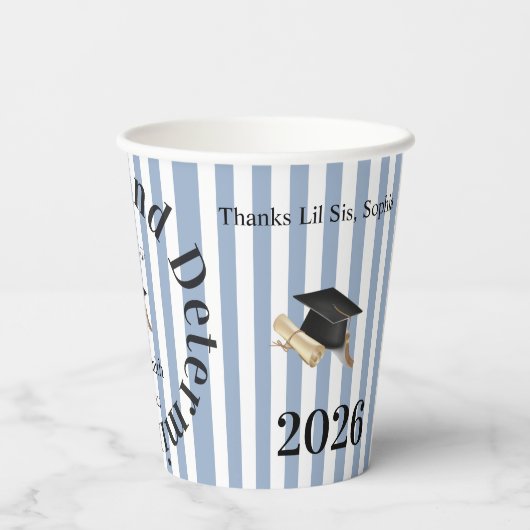 Paper Cup Blue & White Stripe Graduate 2026 Papieren Bekers (Achterkant)