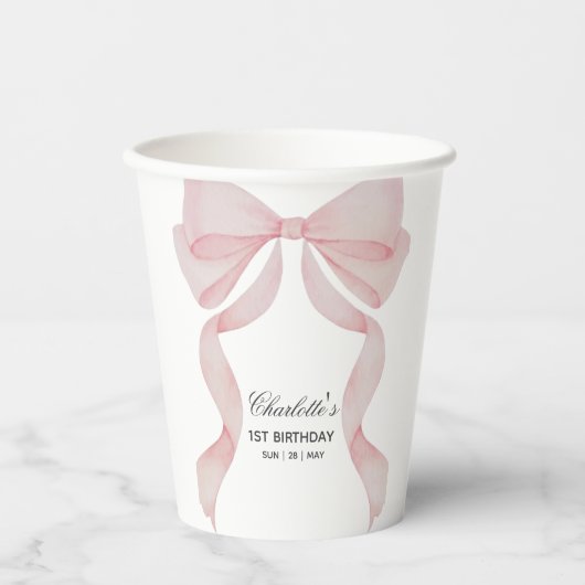 Paper cup Pink Bow Girls Birthday Papieren Bekers (Voorkant)