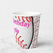Paper Cup Pink White Stripe Birthday Baseball Papieren Bekers (Achterkant)