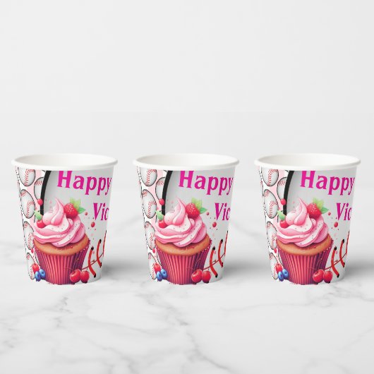 Paper Cup Pink White Stripe Birthday Baseball Papieren Bekers (Multi)