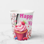 Paper Cup Pink White Stripe Birthday Baseball Papieren Bekers (Voorkant)