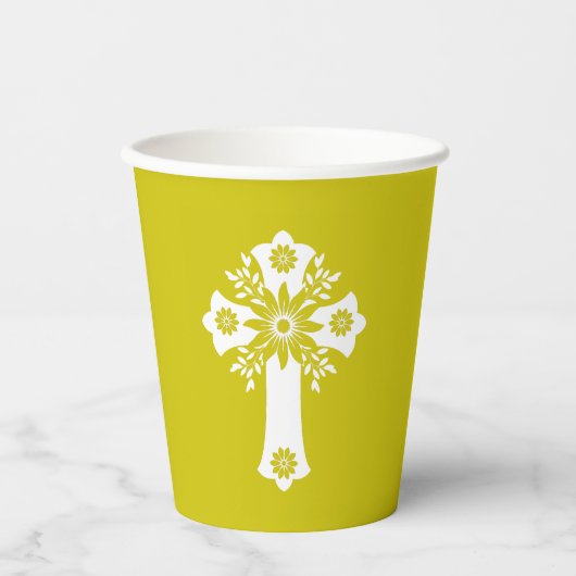 Paper Cups Floral Cross Yellow Papieren Bekers (Voorkant)
