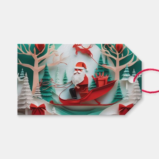 Paper Cutout Santa Origami Christmas Holiday Scene Cadeaulabel (Voorkant (Horizontaal))
