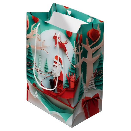 Paper Cutout Santa Origami Christmas Holiday Scene Medium Cadeauzakje (Voorkant Gekanteld)