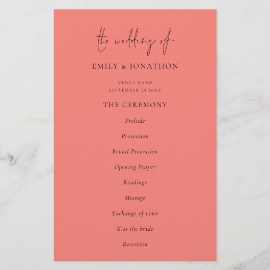 PAPER Elegant Coral Roos Script Wedding Programme Flyer (Voorkant)