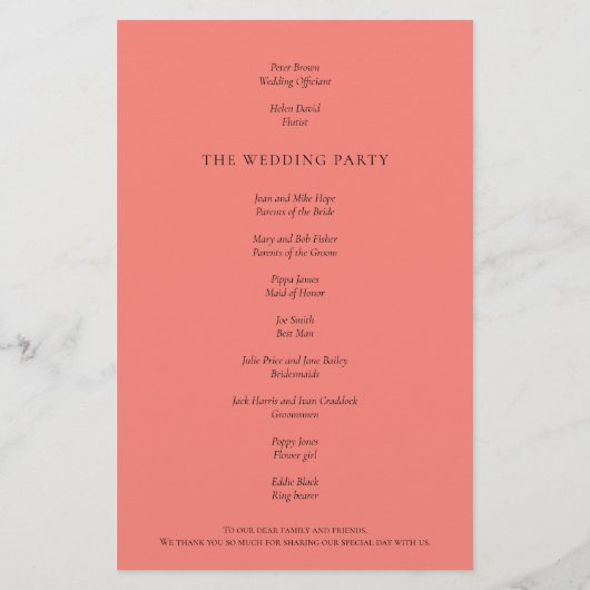 PAPER Elegant Coral Roos Script Wedding Programme Flyer (Achterkant)