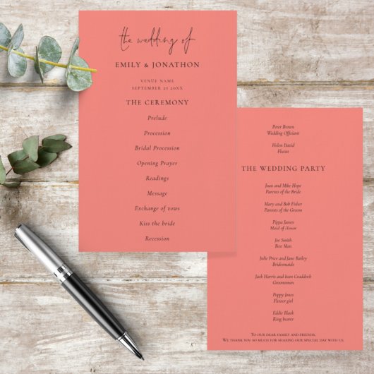 PAPER Elegant Coral Roos Script Wedding Programme Flyer