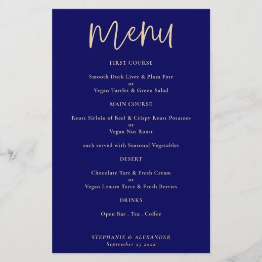 PAPER Elegant Gold Script Navy Blue Wedding Menu (Voorkant)