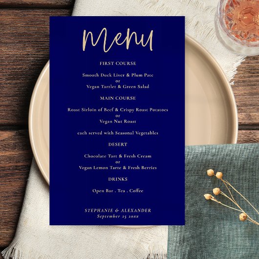 PAPER Elegant Gold Script Navy Blue Wedding Menu