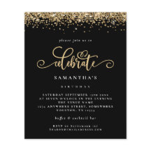 PAPER Gold Glitter Celebrate Birthday Black Invite