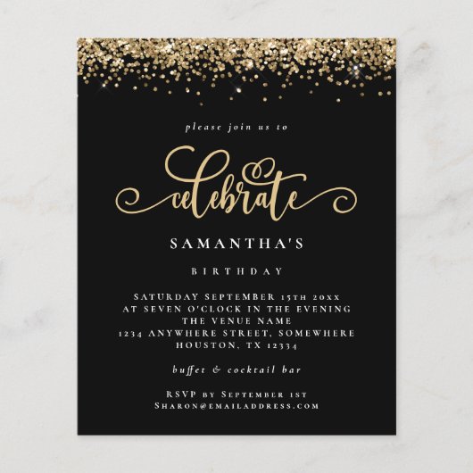 PAPER Gold Glitter Celebrate Birthday Black Invite Flyer (Voorkant)