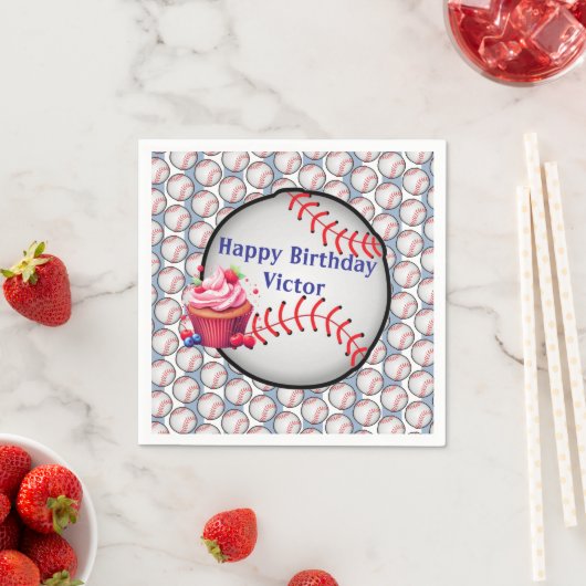 Paper Napkins Blue White Stripe Birthday Baseball Servet (Insitu)