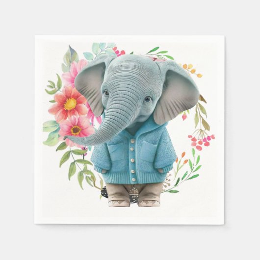 Paper Napkins Happy Blue Elephant Floral Servet (Voorkant)