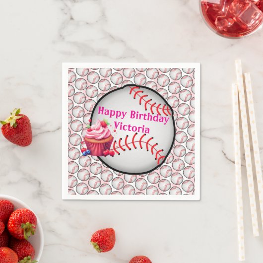 Paper Napkins Pink White Stripe Birthday Baseball Servet (Insitu)