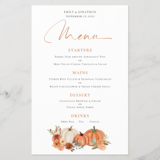 PAPER Oranje Pumpkins Herfst Florals Wedding Menu (Voorkant)