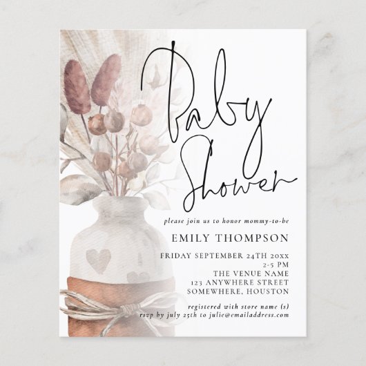 PAPER Pampas Grass Script Baby shower Invite Flyer (Voorkant)