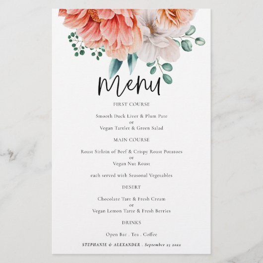 PAPER Peach Peonies Elegant Script Weduwmenu Flyer (Voorkant)