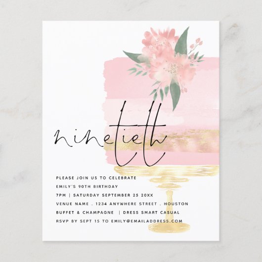 PAPER Pink Gold Birthday Cake 90th Party Invite Flyer (Voorkant)