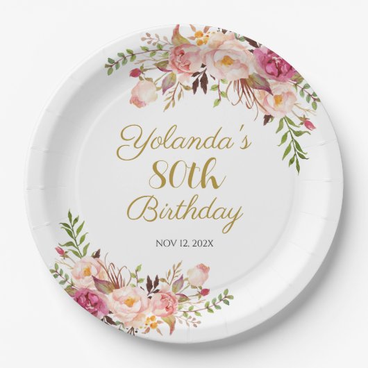 Paper Plate Adult 80th Birthday, Elegant Floral Papieren Bordje (Voorkant)