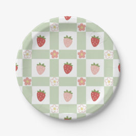 Paper Plate Cute Strawberry Gingham Pastel Green Papieren Bordje