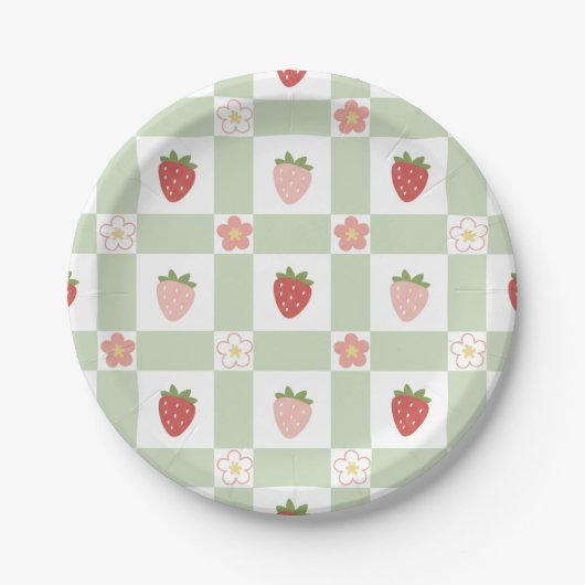Paper Plate Cute Strawberry Gingham Pastel Green Papieren Bordje (Voorkant)