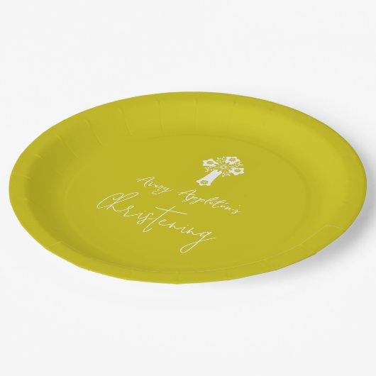Paper Plate Floral Cross Christening Yellow Papieren Bordje (Gekanteld)