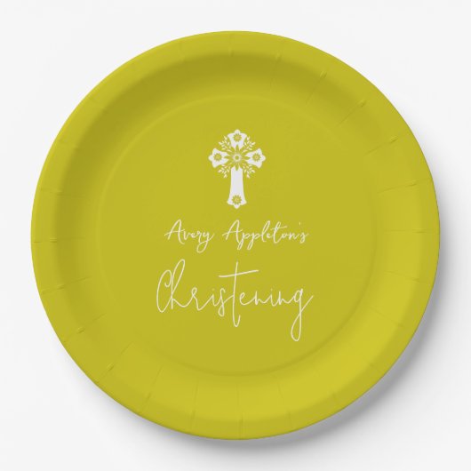 Paper Plate Floral Cross Christening Yellow Papieren Bordje (Voorkant)