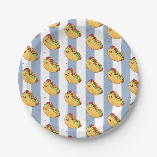 Paper Plates, Blue & White Stripe Hotdogs  Papieren Bordje (Voorkant)