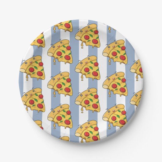 Paper Plates, Blue & White Stripe Pizza Cheese Papieren Bordje (Voorkant)