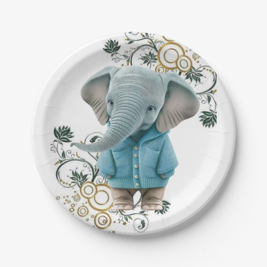 Paper Plates, Floral Blue Elephant  Papieren Bordje (Voorkant)