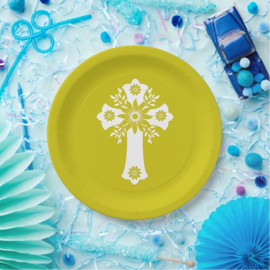 Paper Plates Floral Cross Yellow Papieren Bordje (Feest)