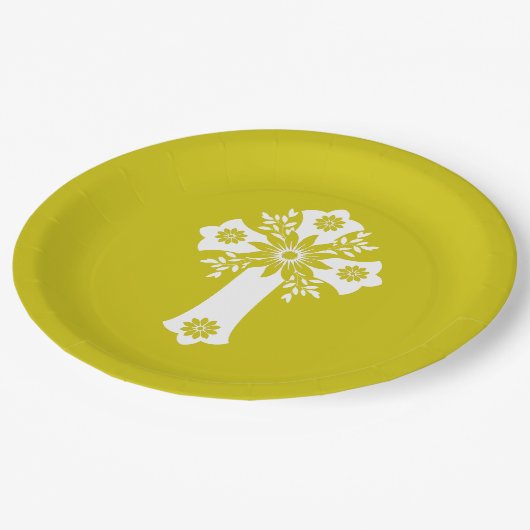 Paper Plates Floral Cross Yellow Papieren Bordje (Gekanteld)