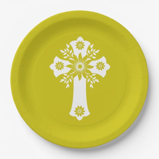 Paper Plates Floral Cross Yellow Papieren Bordje (Voorkant)