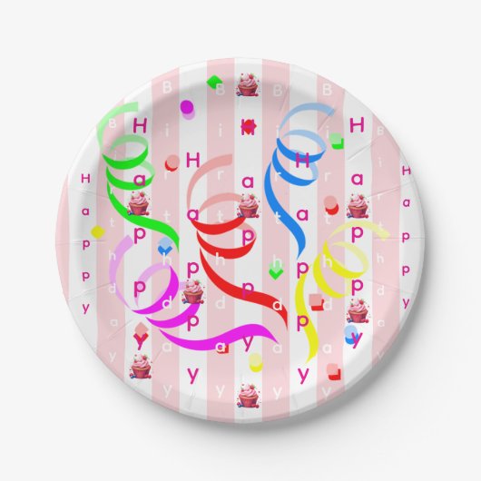 Paper Plates, Pink & White Stripe Birthday Papieren Bordje (Voorkant)
