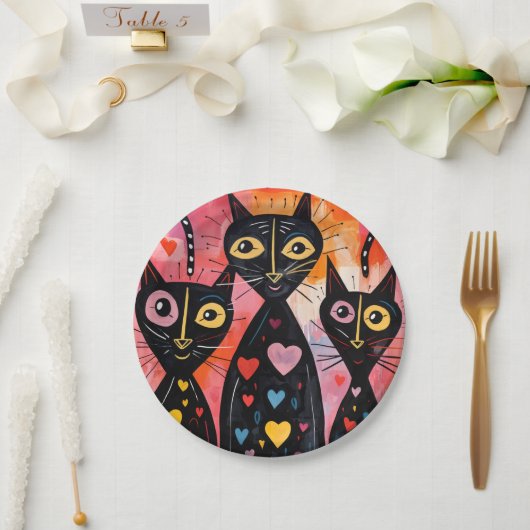 Paper plates Valentine's Day Cat Red Hearts  Papieren Bordje (Huwelijk)