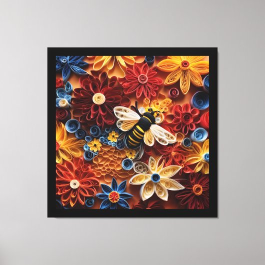 Paper Quilling Design Bee surrounded by Flowers Canvas Afdruk (Voorkant)