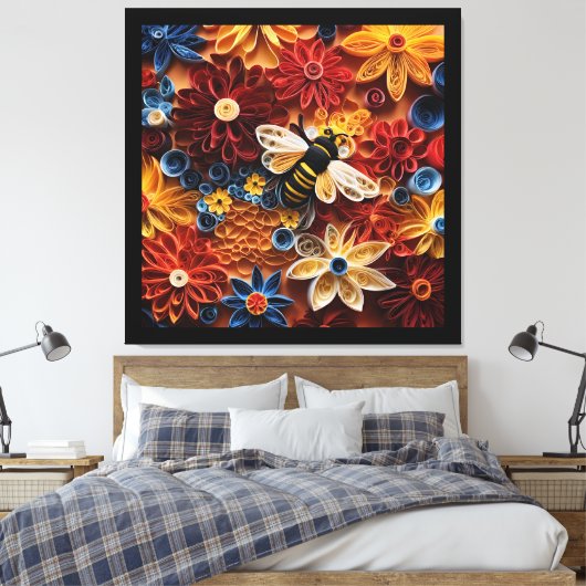 Paper Quilling Design Bee surrounded by Flowers Canvas Afdruk (Insitu (Slaapkamer))