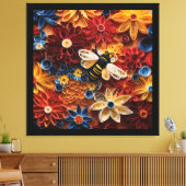 Paper Quilling Design Bee surrounded by Flowers Canvas Afdruk (Insitu (Woonkamer))